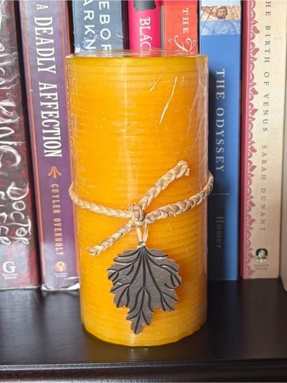Yellow Decorative Pillar Candle with Leaf Charm